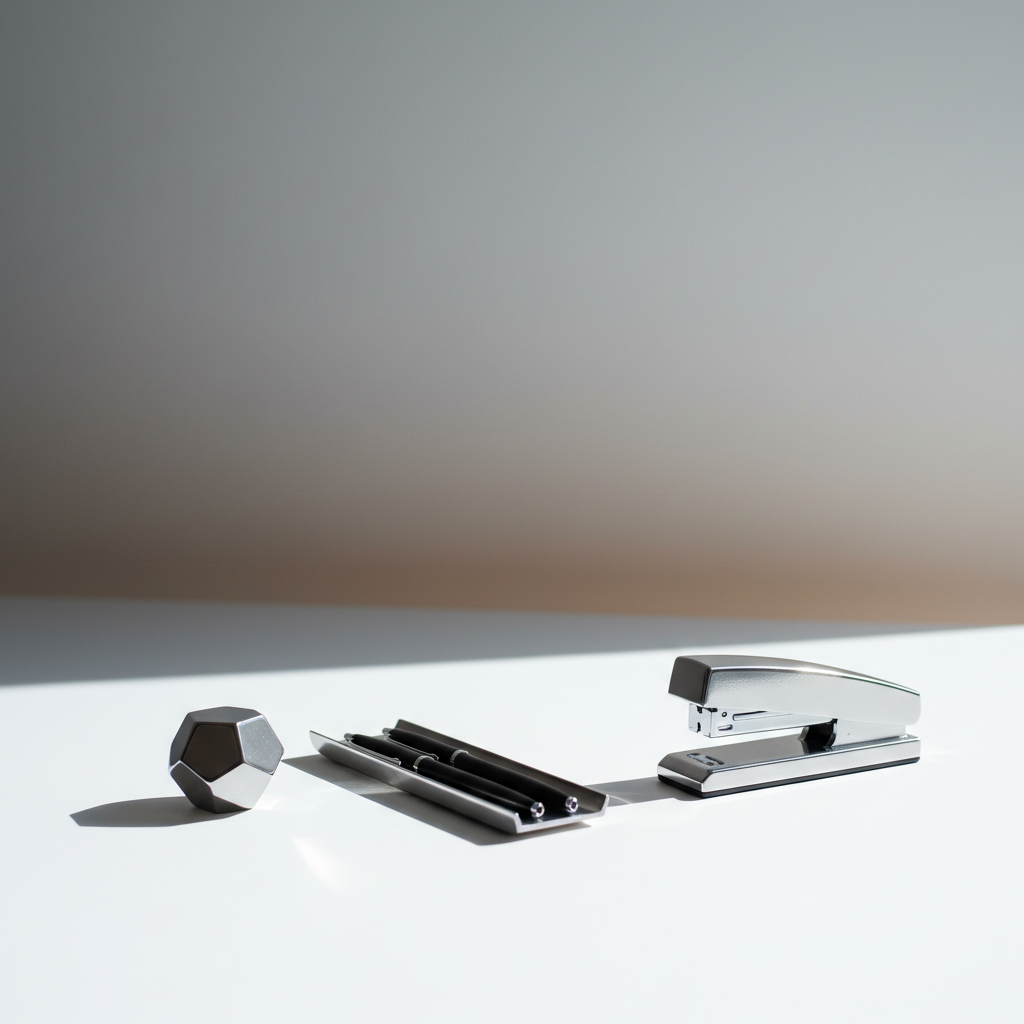 A set of polished steel desk accessories—including a geometric paperweight, a minimalist pen tray, and an angular stapler—arranged with deliberate spacing on a seamless white surface. The background shows a blurred neutral gradient wall, offering a sense of depth without distraction. Cool, directional daylight from an unseen window creates crisp, structured shadows and highlights the refined metallic textures. The mood is modern and sophisticated, evoking thoughtful creativity and order. The composition employs asymmetrical balance with a shallow depth of field and sharp focus on the accessories, captured in photographic realism to reinforce the corporate and clean identity of a professional copywriting portfolio.