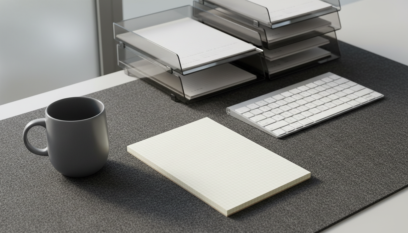 A refined desktop scene featuring a contemporary porcelain mug in soft gray, placed alongside a precision-cut notepad with pale cream pages, both resting on a structured charcoal felt desk mat. The surrounding elements include an organized row of translucent document trays and a wireless, matte silver keyboard. Gentle midday natural light filters through a frosted glass partition, casting soft-edged shadows and evenly diffused highlights. The mood is orderly and calm, embodying a balanced workflow. Captured at a slightly high angle to show clear spatial arrangement, the image uses sharp focus and a photographic minimalist aesthetic to reflect the efficient, professional character of a copywriting portfolio blog.