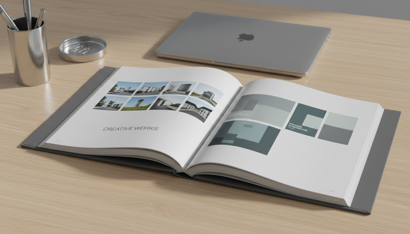 A pristine hardcover portfolio book, bound in matte charcoal-gray cloth with subtle embossed lettering on the cover, lies open on a minimalist, light oak desk. The pages display neatly arranged, high-quality print samples, with crisp edges and a structured layout, surrounded by chrome stationery and a closed silver laptop in the background. Soft diffused daylight pours in from the side, creating balanced highlights and gentle shadows that accentuate the clean lines and textures. The atmosphere is polished and professional, suggesting creative excellence. Captured from a slightly elevated angle with sharp focus throughout, the composition emphasizes organization, clarity, and corporate aesthetic in a photographic realism style.