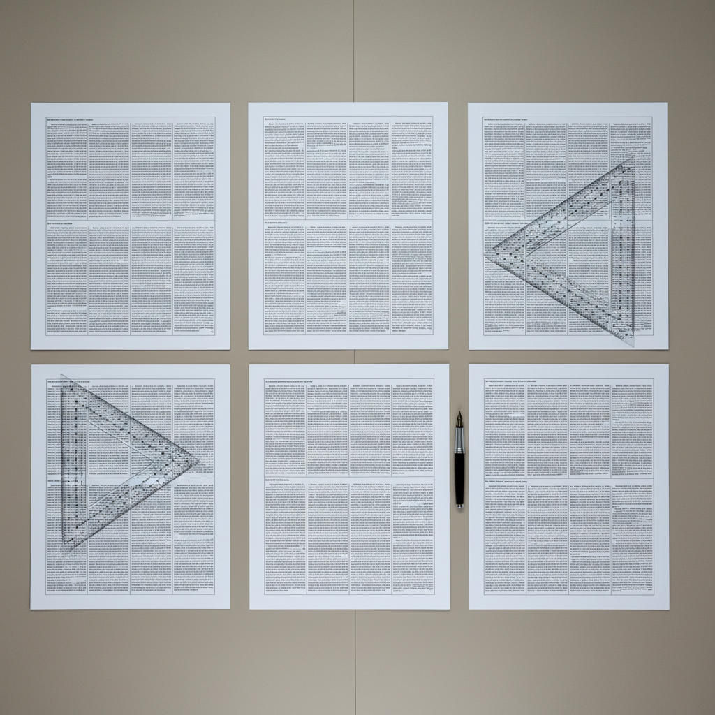 A carefully arranged collection of mock editorial layout boards, each featuring structured blocks of text printed in crisp black ink on heavy, matte white cardstock, spread across a smooth, taupe conference table. Clear acrylic rulers and a steel-capped fountain pen add elements of precision. Overhead, diffuse cool artificial lighting ensures balanced illumination, minimizing glare and enhancing detail clarity. The mood is analytical and purposeful, conveying an atmosphere of expert craftsmanship. Photographed from an overhead bird’s-eye view for a balanced, grid-like composition, the image style is minimalist and realistic, suited for showcasing the strategic thinking behind professional copywriting projects.