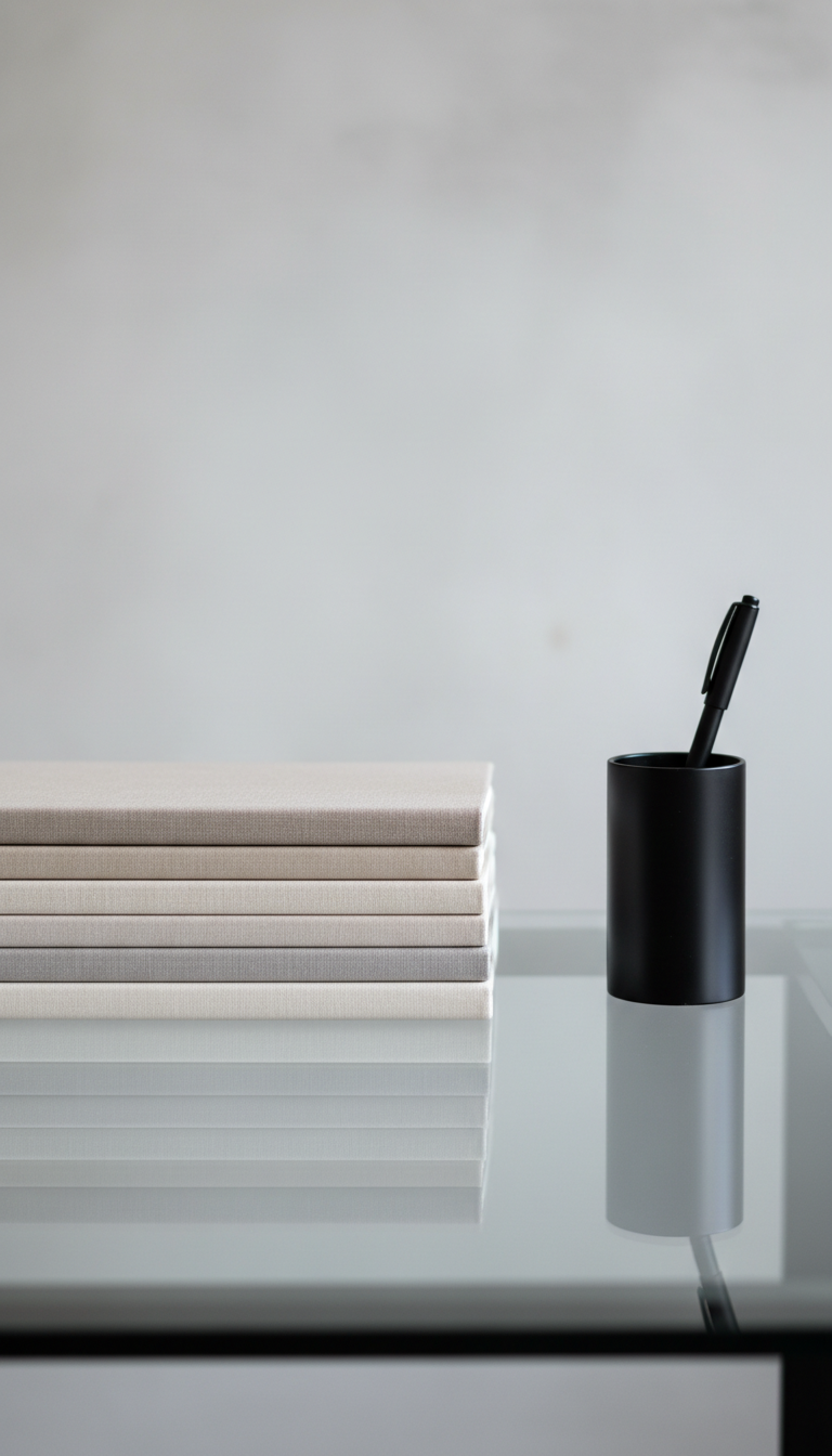 A sleek workspace featuring a neatly stacked set of neutral-toned copywriting notebooks, their linen covers meticulously aligned, resting beside an elegant, matte black pen stand. The arrangement sits on an unblemished glass-topped desk with a monochrome color palette. Indirect soft white studio lighting creates an evenly illuminated environment with soft reflections and muted shadows, giving a sense of calm efficiency. The image is photographed at an eye-level angle, framed with rule of thirds to highlight negative space, and uses a clean, modern photographic style to convey focus and professionalism, reflecting the methodical nature of copywriting for a portfolio website.