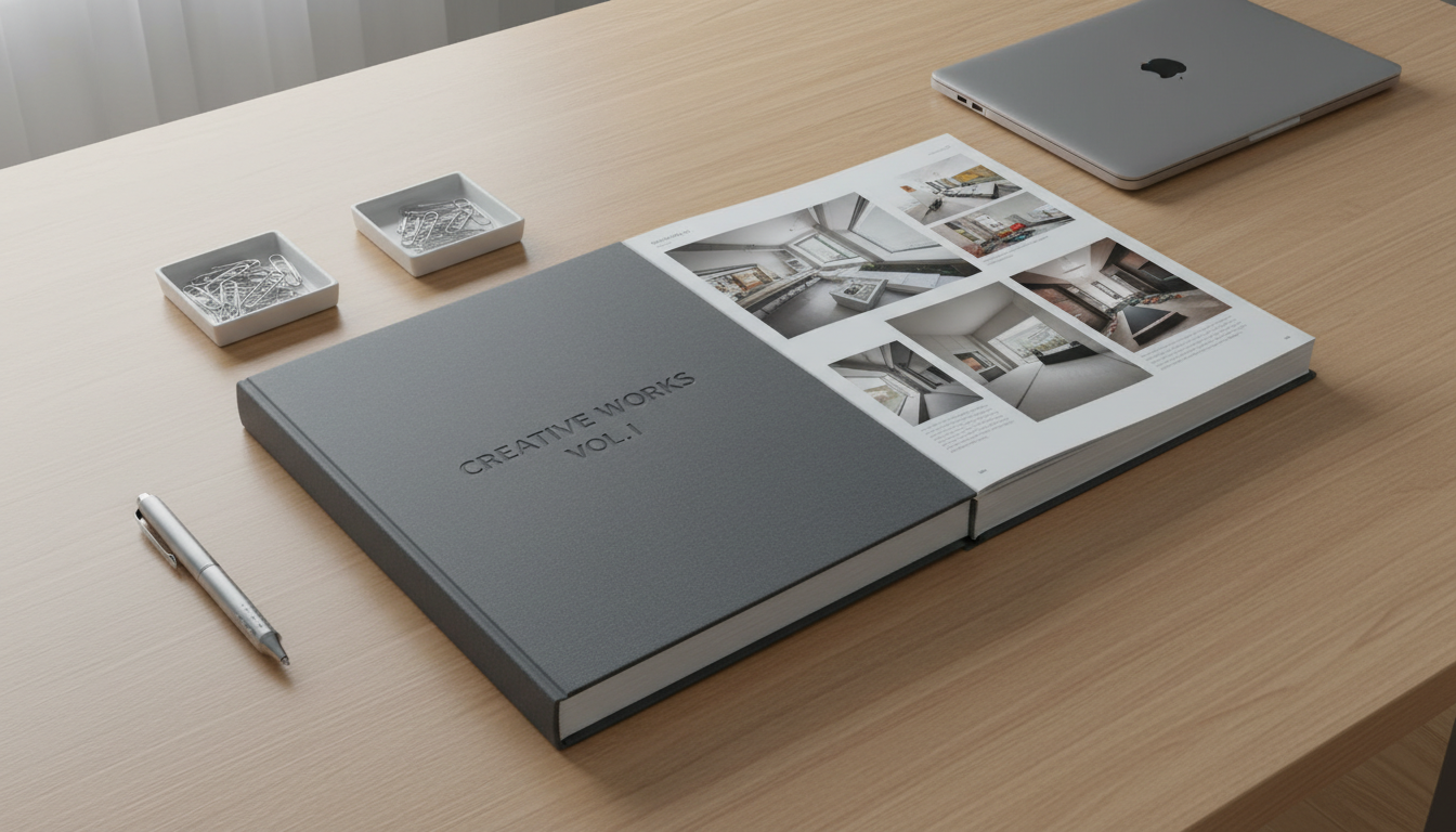 A pristine hardcover portfolio book, bound in matte charcoal-gray cloth with subtle embossed lettering on the cover, lies open on a minimalist, light oak desk. The pages display neatly arranged, high-quality print samples, with crisp edges and a structured layout, surrounded by chrome stationery and a closed silver laptop in the background. Soft diffused daylight pours in from the side, creating balanced highlights and gentle shadows that accentuate the clean lines and textures. The atmosphere is polished and professional, suggesting creative excellence. Captured from a slightly elevated angle with sharp focus throughout, the composition emphasizes organization, clarity, and corporate aesthetic in a photographic realism style.