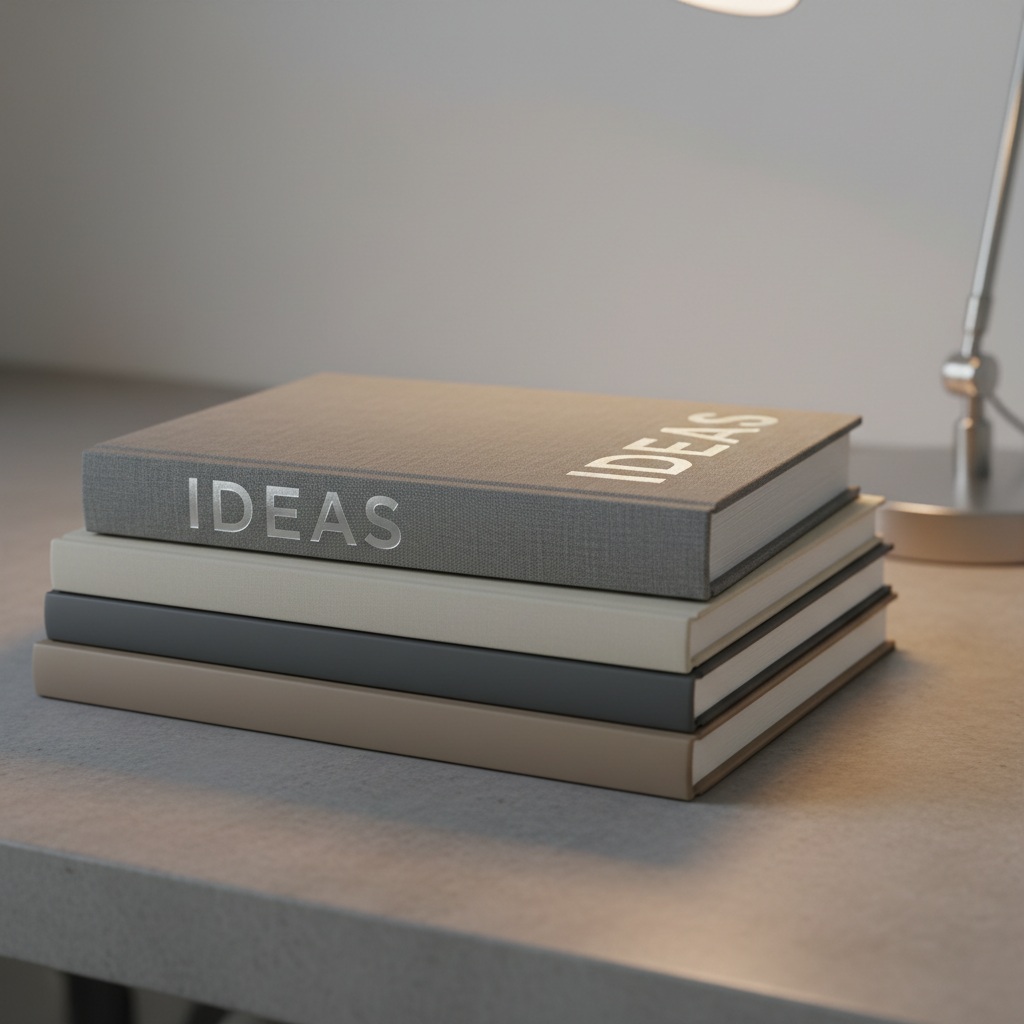 A close-up of a bespoke, gray linen-covered journal embossed with the word 'Ideas' in sleek silver foil, positioned neatly atop a stack of muted-toned hardcover books. The setting includes a concrete desk surface and a minimalist, brushed nickel desk lamp partially in frame. Warm, soft lamp light casts subtle highlights and gentle shadows, creating a sense of cozy yet focused productivity. Captured from a side-on angle with a slight downward tilt, the composition uses tight framing and shallow depth of field to draw attention to the tactile materials and ordered arrangement. The image style is clean, modern, and photographic, in harmony with a professional writer’s studio.